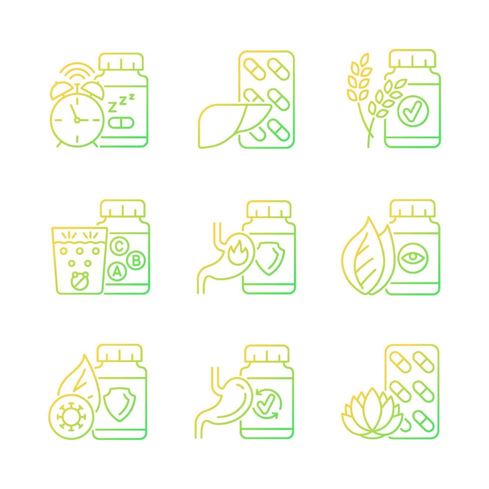 Food supplements gradient linear vector icons set. Products for health. Digestive medicine. Vitamins to supplement diet. Thin line contour symbols bundle. Isolated outline illustrations collection
