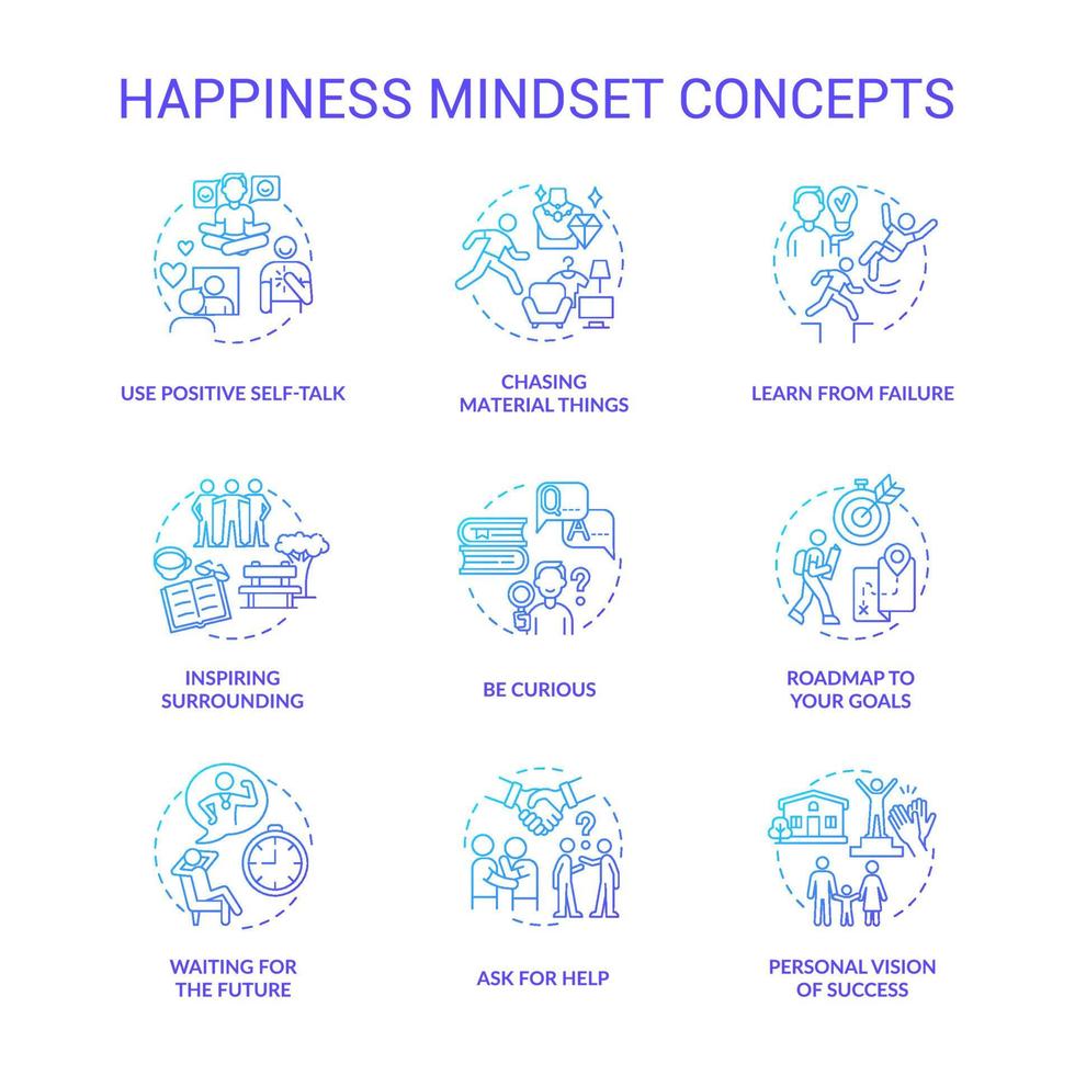Happiness mindset blue gradient concept icons set. Personal growth idea thin line color illustrations. Becoming happy. Self vision of success. Goal setting. Vector isolated outline drawings