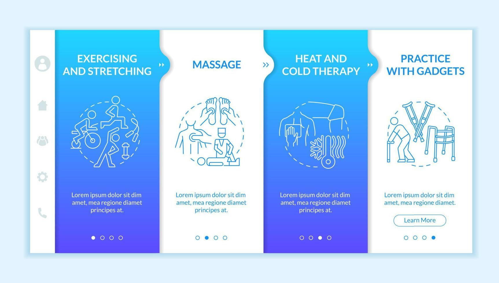 Physical rehabilitation onboarding vector template. Responsive mobile website with icons. Web page walkthrough 4 step screens. Physiotherapy color concept with linear illustrations