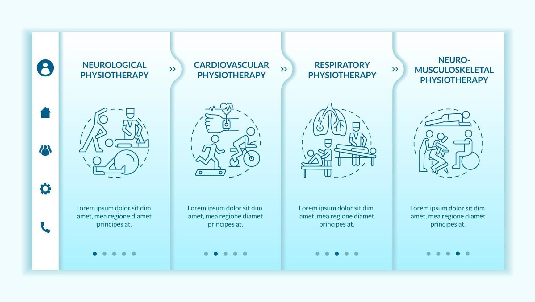 plantilla vectorial de incorporación de tipos de fisioterapia. sitio web móvil sensible con iconos. Tutorial de página web Pantallas de 4 pasos. concepto de color de tratamiento físico con ilustraciones lineales vector