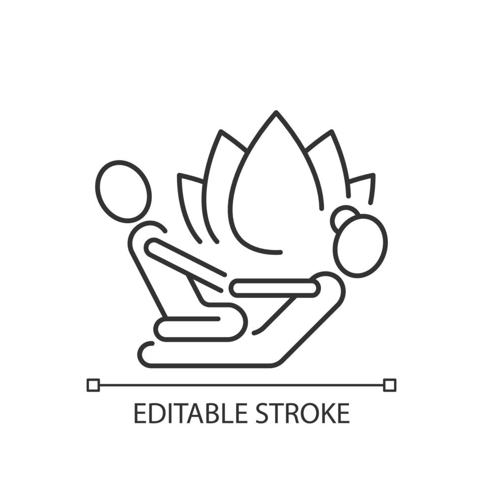 Thai massage linear icon. Gradual stretching. Therapeutic touch. Improve mobility, flexibility. Thin line customizable illustration. Contour symbol. Vector isolated outline drawing. Editable stroke