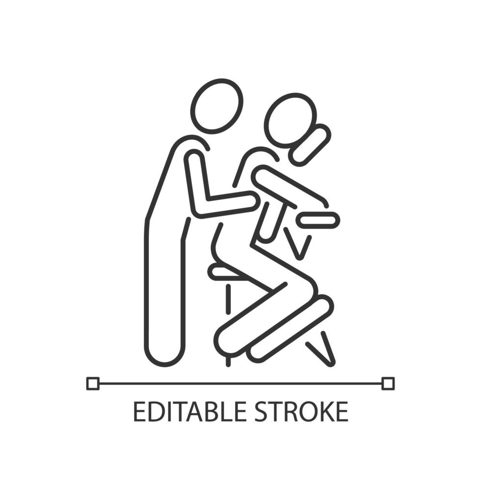 Chair massage linear icon. Performing treatment in seated position. Relax muscles in upper body. Thin line customizable illustration. Contour symbol. Vector isolated outline drawing. Editable stroke