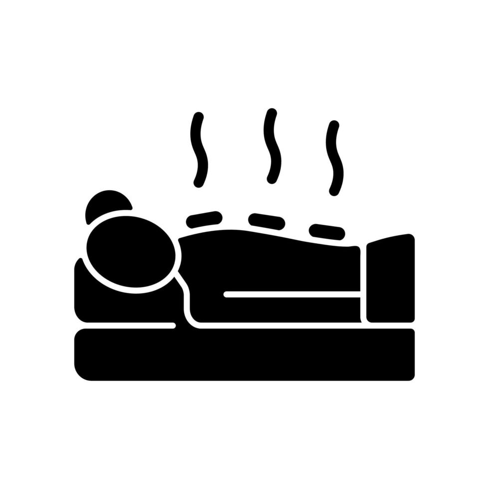 Hot stone massage black glyph icon. Relaxing body muscles. Apply heated stones. Encourage blood flow through body. Therapeutic technique. Silhouette symbol on white space. Vector isolated illustration