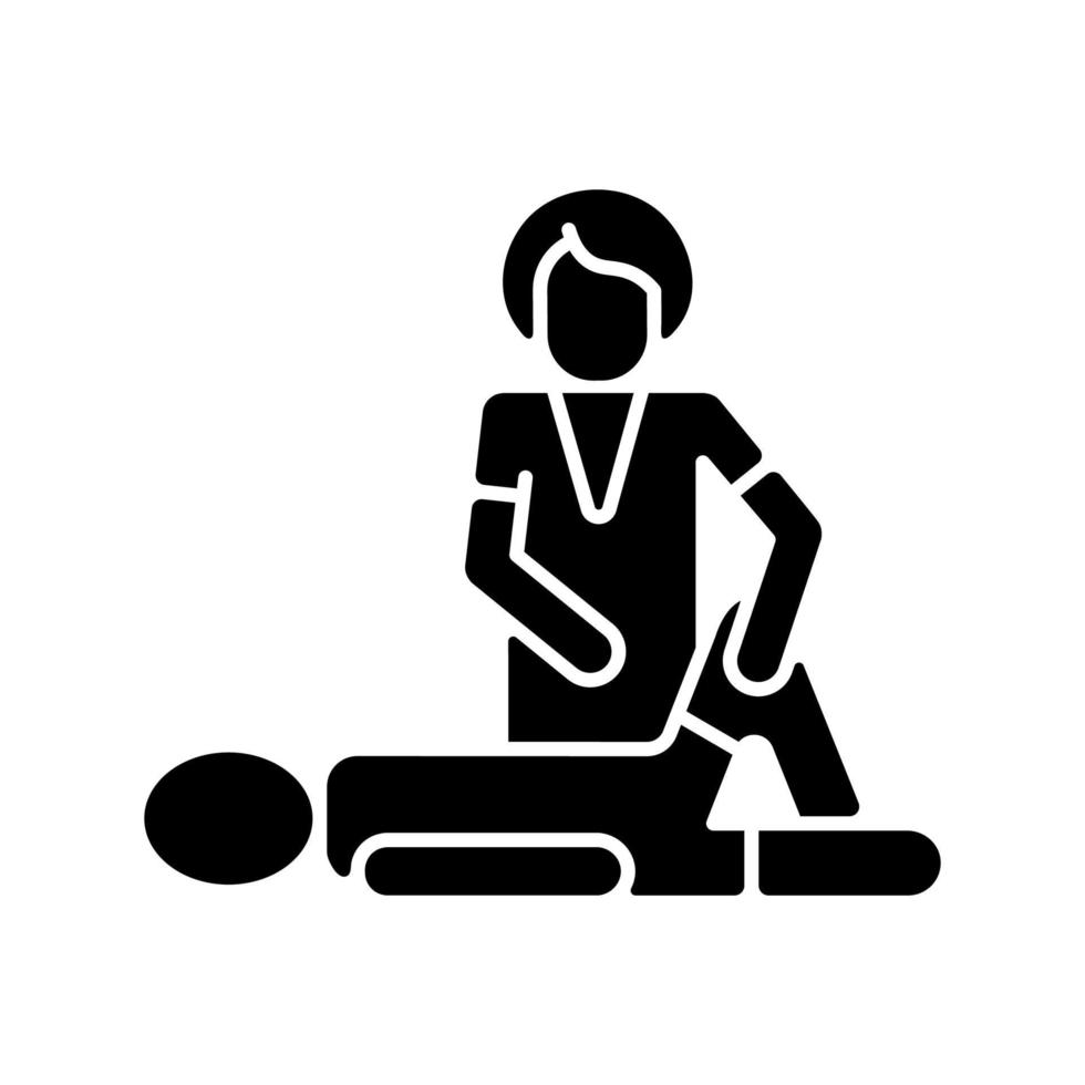 Sport massage black glyph icon. Help with injury recovery. Enhance athletic performance. Soft tissue mobilization. Muscles manipulation. Silhouette symbol on white space. Vector isolated illustration
