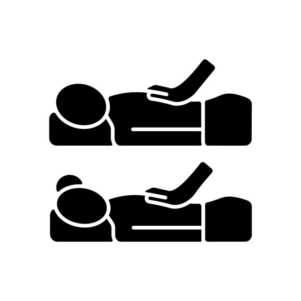 Couples massage black glyph icon. Increase bonding in relationship. Side-by-side massage tables. Enjoying time together. Lowering stress. Silhouette symbol on white space. Vector isolated illustration