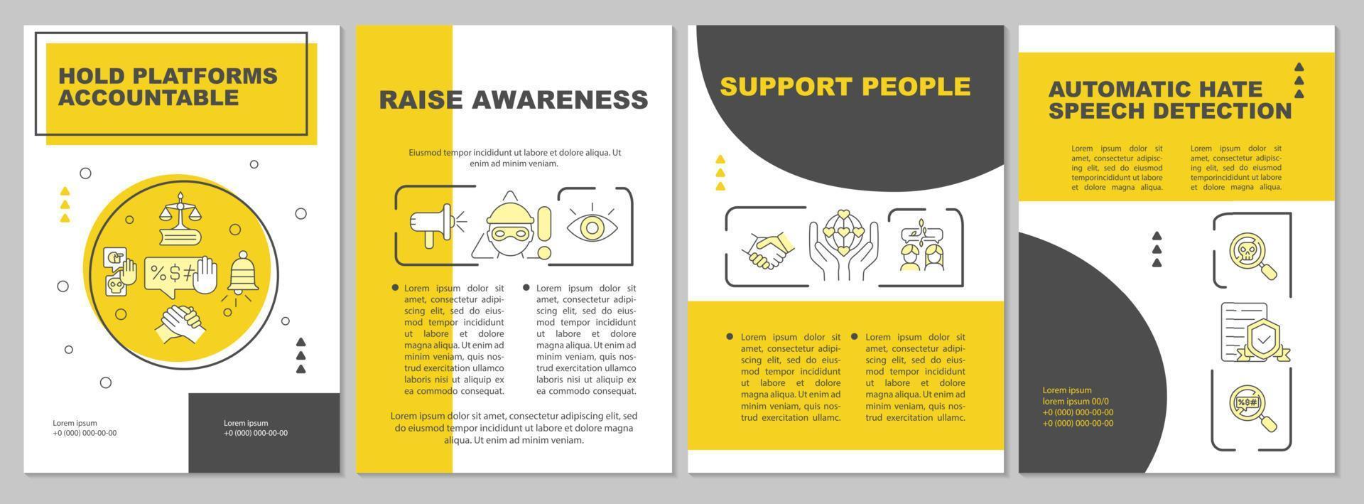 Social media accountability brochure template. Support people. Flyer, booklet, leaflet print, cover design with linear icons. Vector layouts for presentation, annual reports, advertisement pages