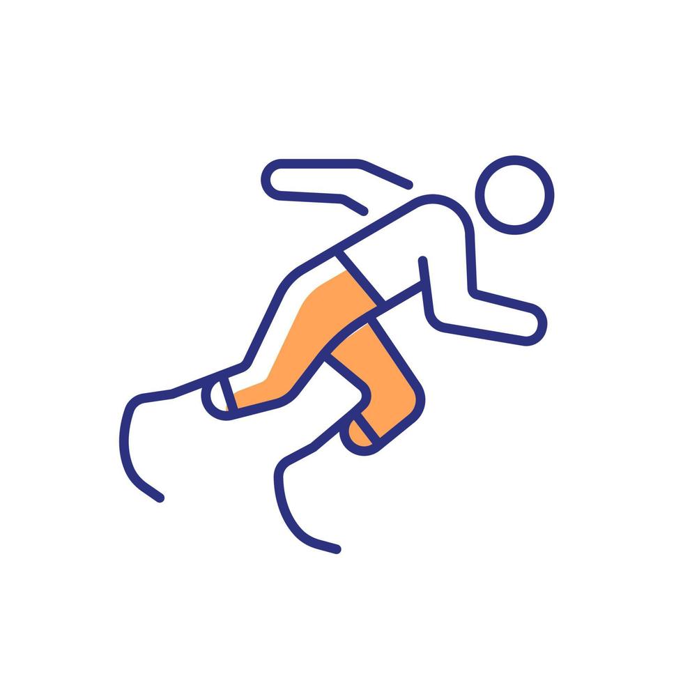 Athletics RGB color icon. Sportsman run across track. Single sport competition. Track, road and field events. Athlete with disability. Isolated vector illustration. Simple filled line drawing