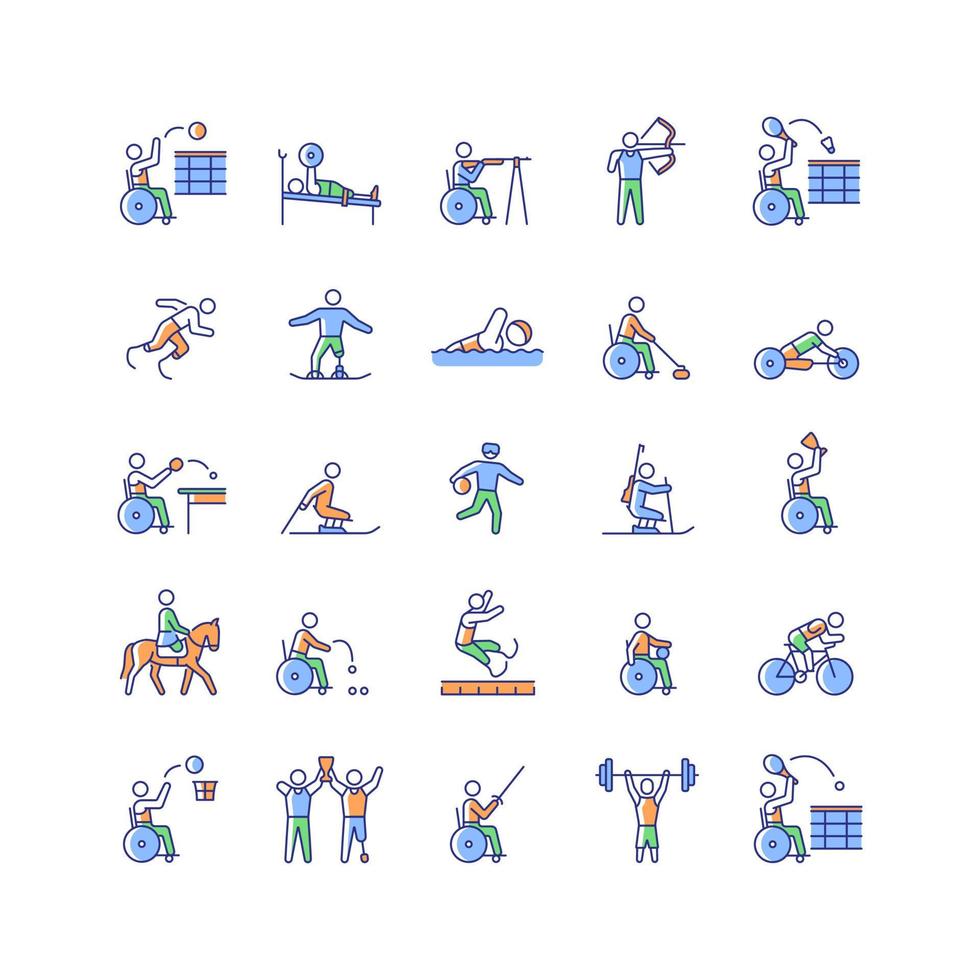 Sport competition RGB color icons set. Professional competitive event. Athletes and sportsmen with disability. Isolated vector illustrations. Simple filled line drawings collection collection