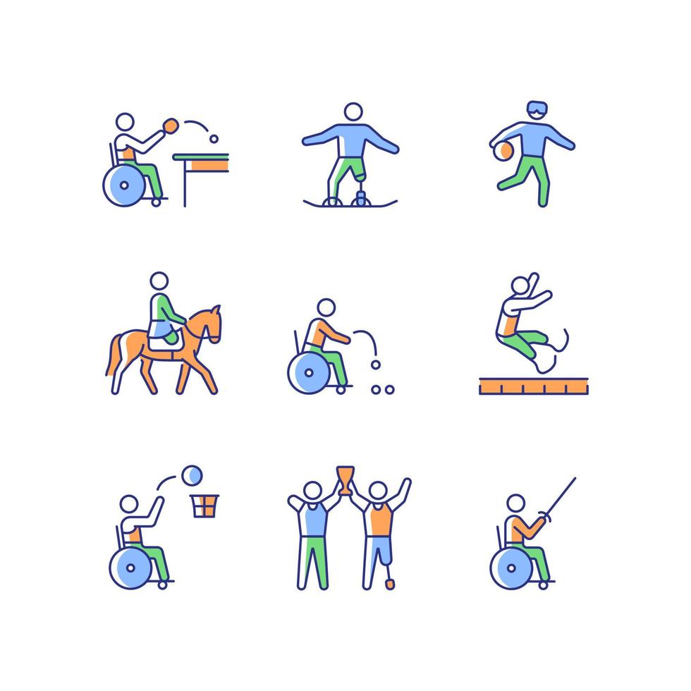 Sport championship RGB color icons set. Athletic events. Training and competitive activity. Athletes with physical disability. Isolated vector illustrations. Simple filled line drawings collection