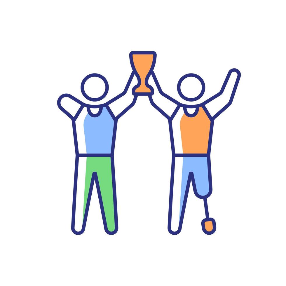 Sportsman with physical disability RGB color icon. Adaptive sport competition winners. Athletes with prize. Athlete with disability. Isolated vector illustration. Simple filled line drawing