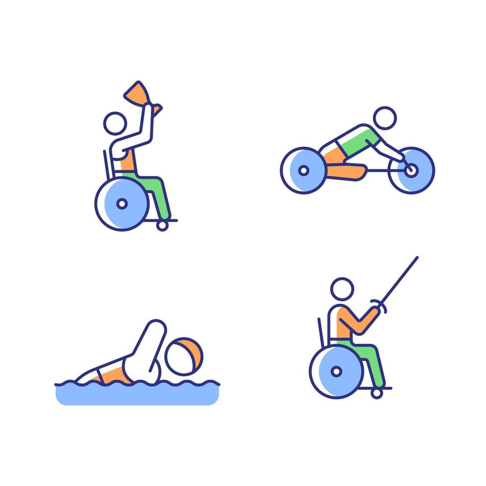 Adaptive contests RGB color icons set. Different sport disciplines. Aquatic and land contests. People with physical disability. Isolated vector illustrations. Simple filled line drawings collection