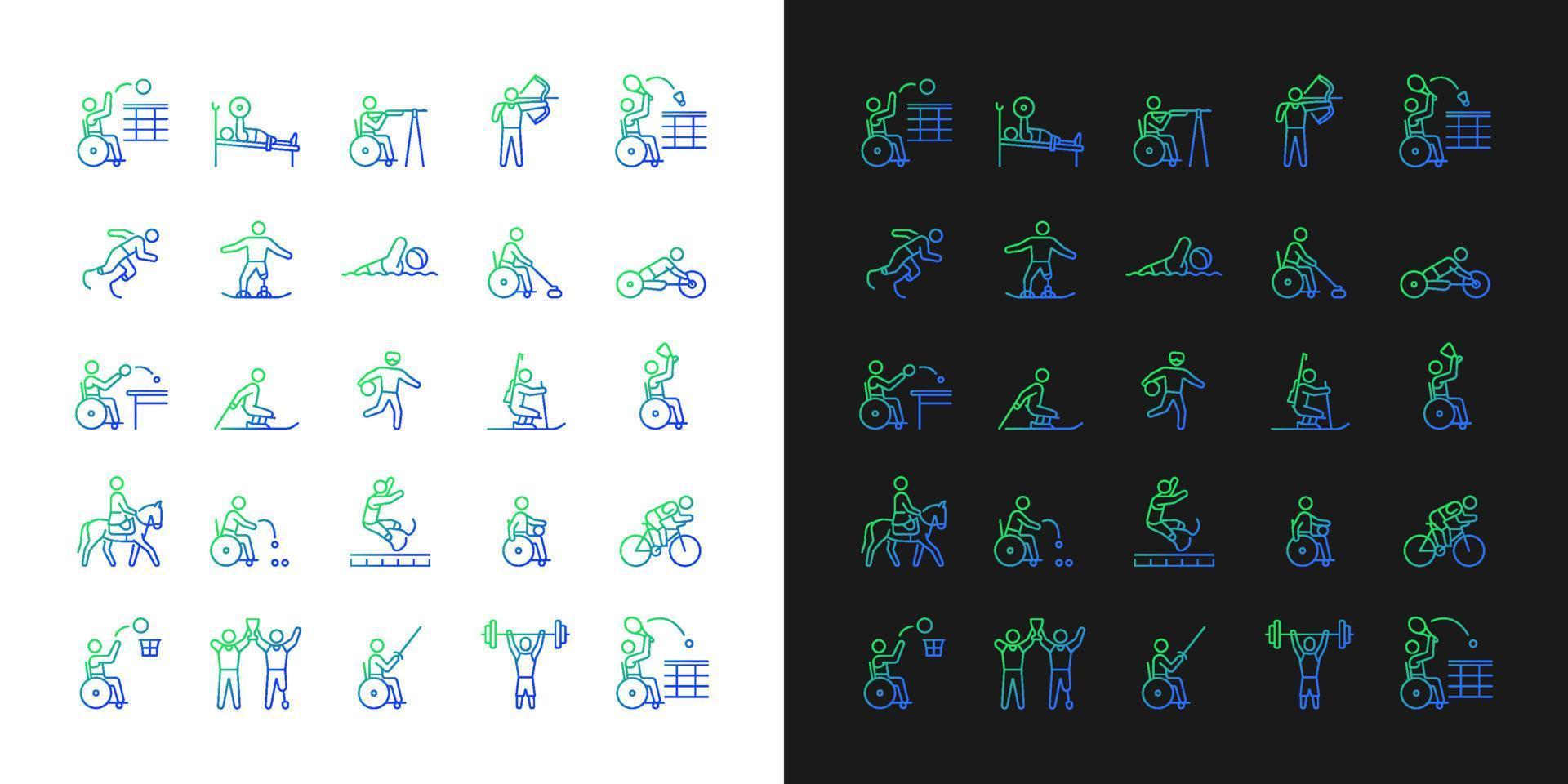 Sport competition gradient icons set for dark and light mode. Athletes with disability. Thin line contour symbols bundle. Isolated vector outline illustrations collection on black and white collection