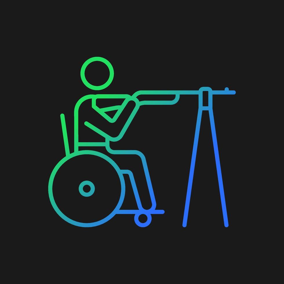 Wheelchair shooting gradient vector icon for dark theme. Hitting targets from distance. Sportsman with disability. Thin line color symbol. Modern style pictogram. Vector isolated outline drawing