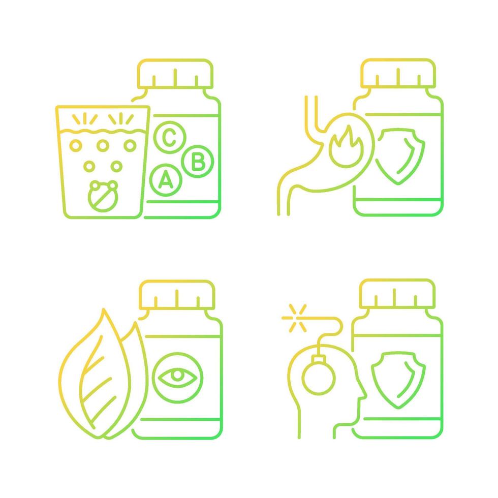 Food supplements gradient linear vector icons set. Heartburn relief. Mental disorder. Water dissolving vitamin tablets. Thin line contour symbols bundle. Isolated outline illustrations collection