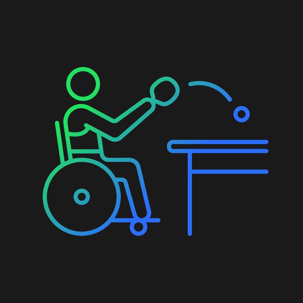 Table tennis gradient vector icon for dark theme. Hit lightweight ball using racket. Sportsman with physical disability. Thin line color symbol. Modern style pictogram. Vector isolated outline drawing