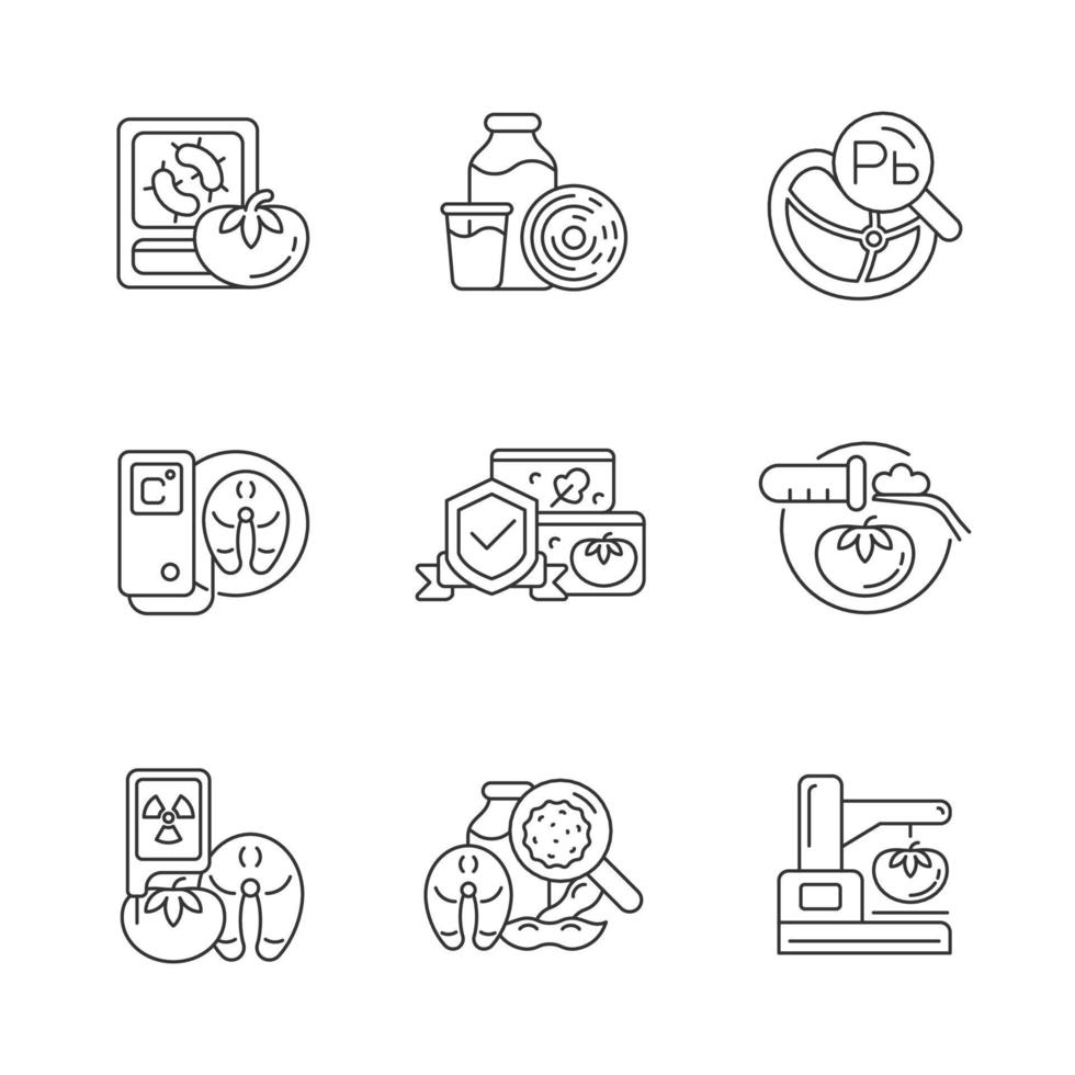 Food analysis linear icons set. Biological and chemical danger detection. Varied examination methods. Customizable thin line contour symbols. Isolated vector outline illustrations. Editable stroke