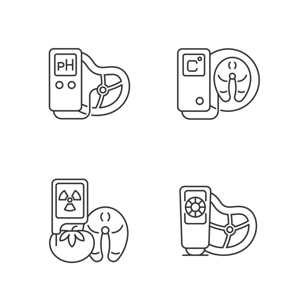 Food testing equipment linear icons set. Scientific technology for product analysis. Various detectors. Customizable thin line contour symbols. Isolated vector outline illustrations. Editable stroke