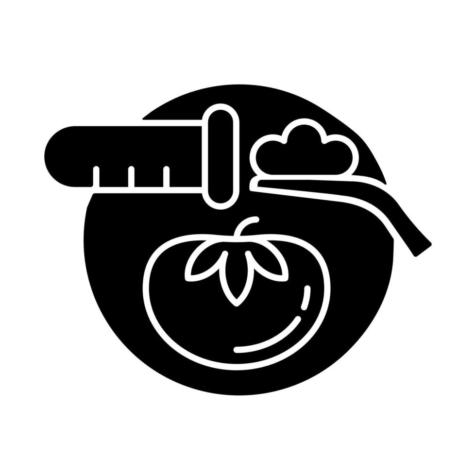 Food testing black glyph icon. Nutrition safety and quality check. Sampling process. Product analysis. Chemical and nutritional research. Silhouette symbol on white space. Vector isolated illustration