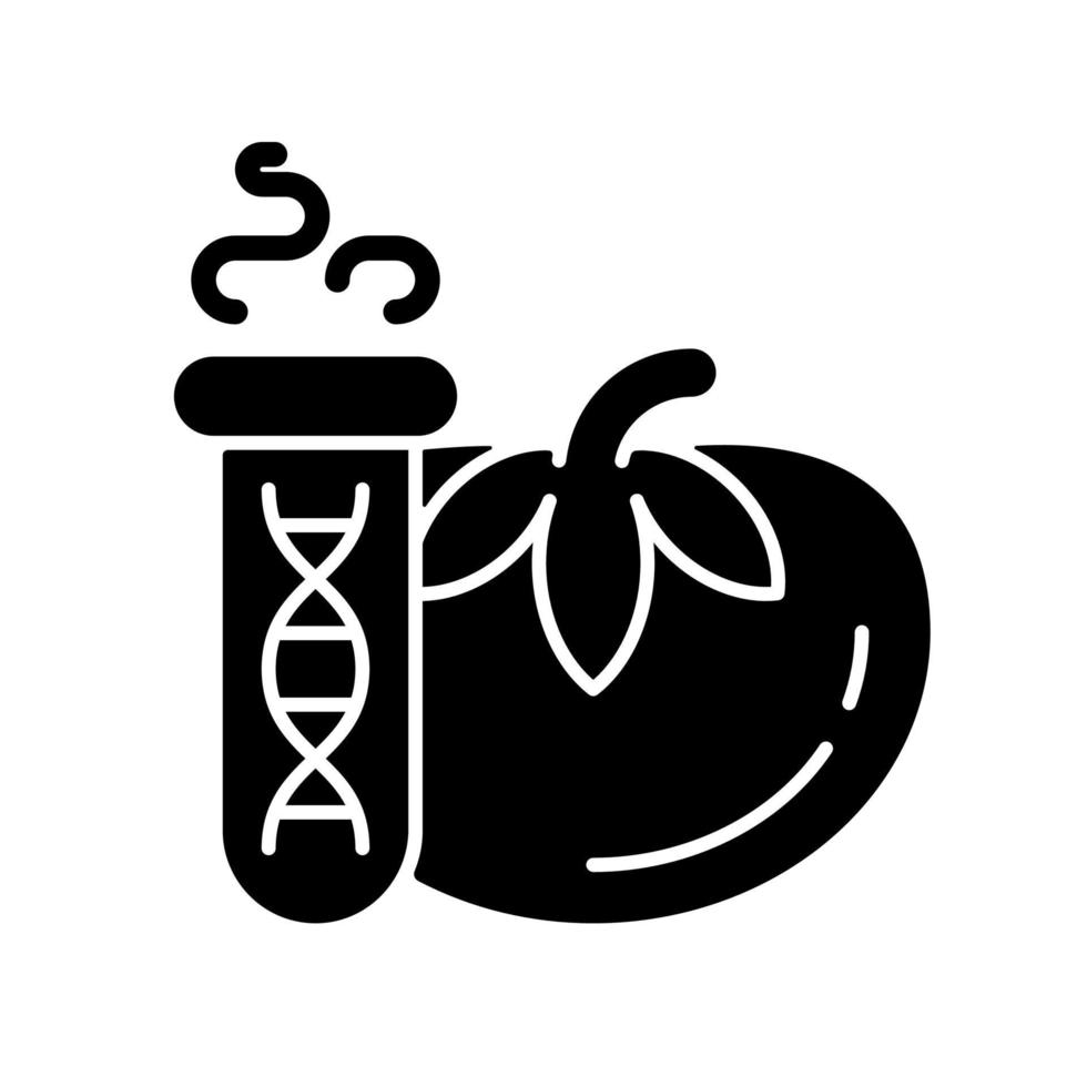 GMO testing black glyph icon. Food genetic modification detection. DNA and protein based examination. Product genes analysis. Silhouette symbol on white space. Vector isolated illustration