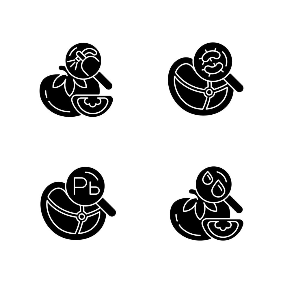 Food contaminant testing black glyph icons set on white space. Heavy metals and pesticide residue detection. Product content analysis. Silhouette symbols. Vector isolated illustration