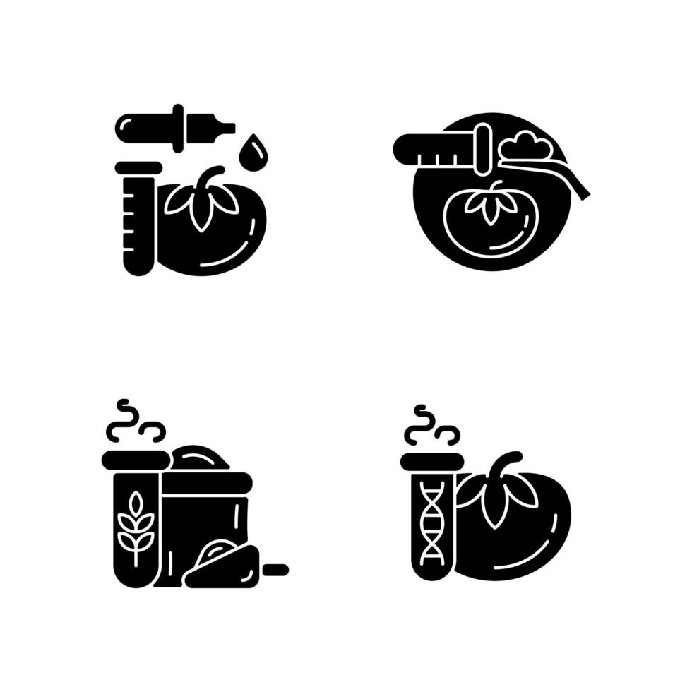 aditivos alimentarios artificiales iconos de glifo negro establecidos en el espacio en blanco. productos orgánicos modificados. pruebas de nutrición. muestreo y analisis. símbolos de silueta. ilustración vectorial aislada vector