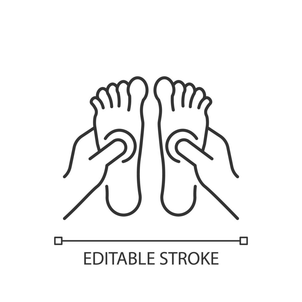 Reflexology linear icon. Applying pressure to feet. Therapeutic massage. Improve circulation. Thin line customizable illustration. Contour symbol. Vector isolated outline drawing. Editable stroke