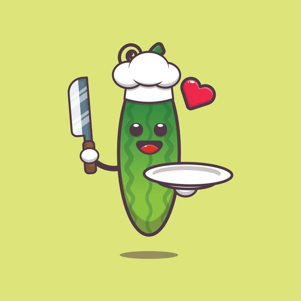 cute cucumber with chef hat holding knife and plate vector