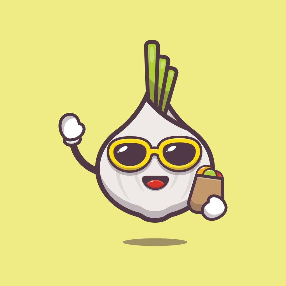 lindo personaje de dibujos animados de ajo en gafas de sol con bolsa de compras vector