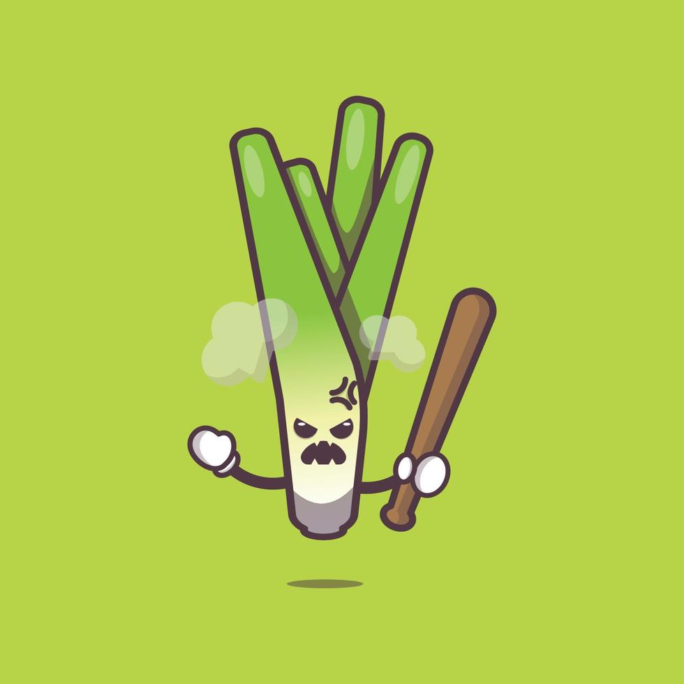 cute angry leek cartoon mascot character holding baseball stick vector