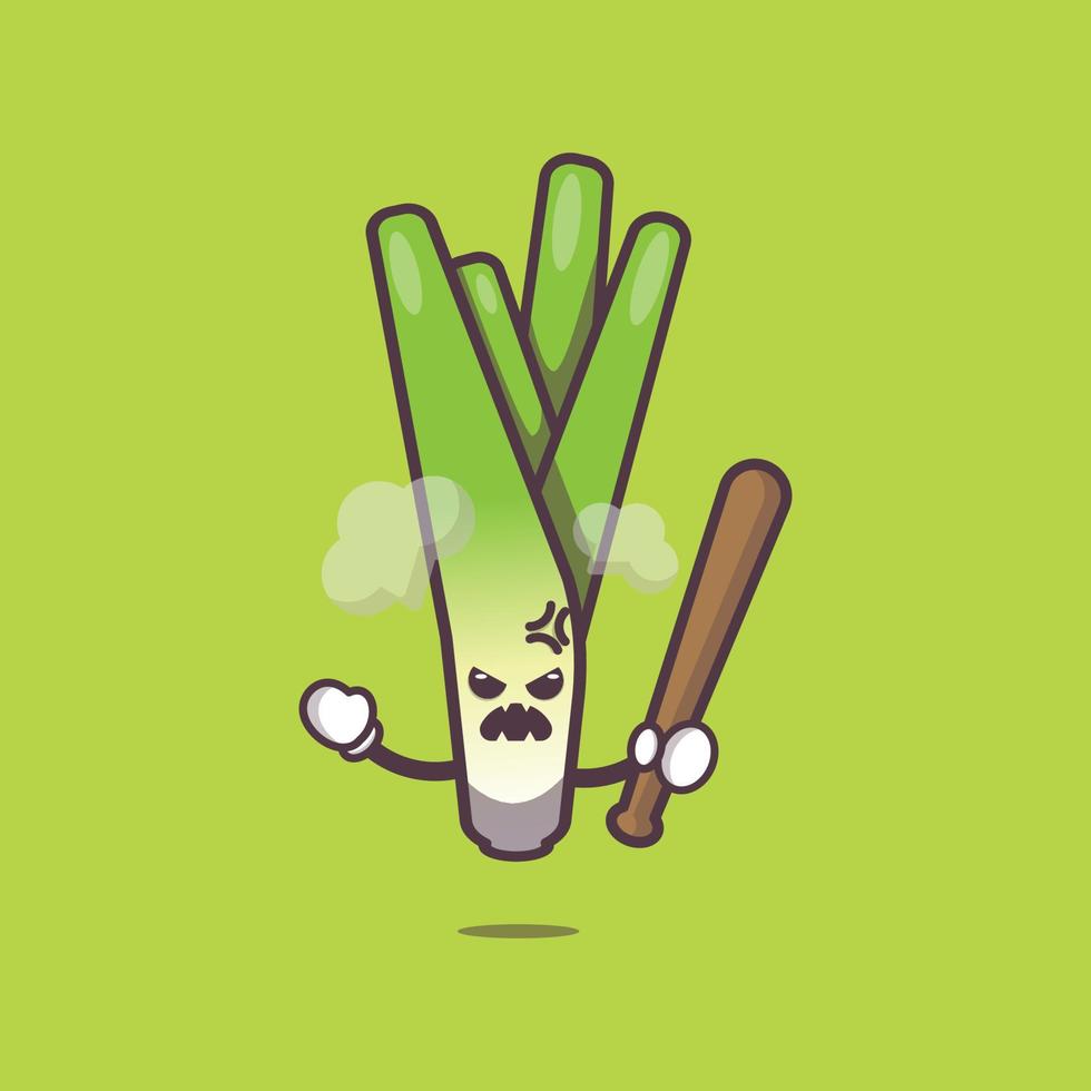 lindo personaje de mascota de dibujos animados de puerro enojado con palo de béisbol vector