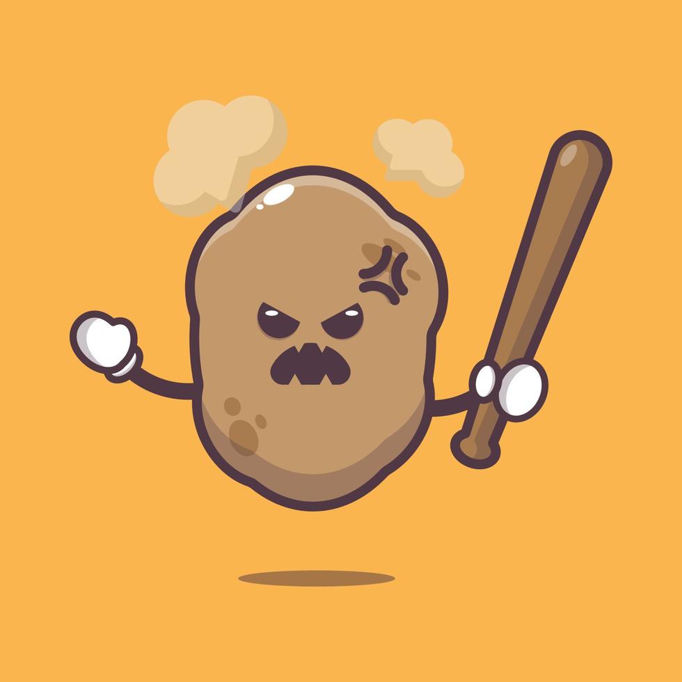 cute angry potato cartoon mascot character holding baseball stick vector