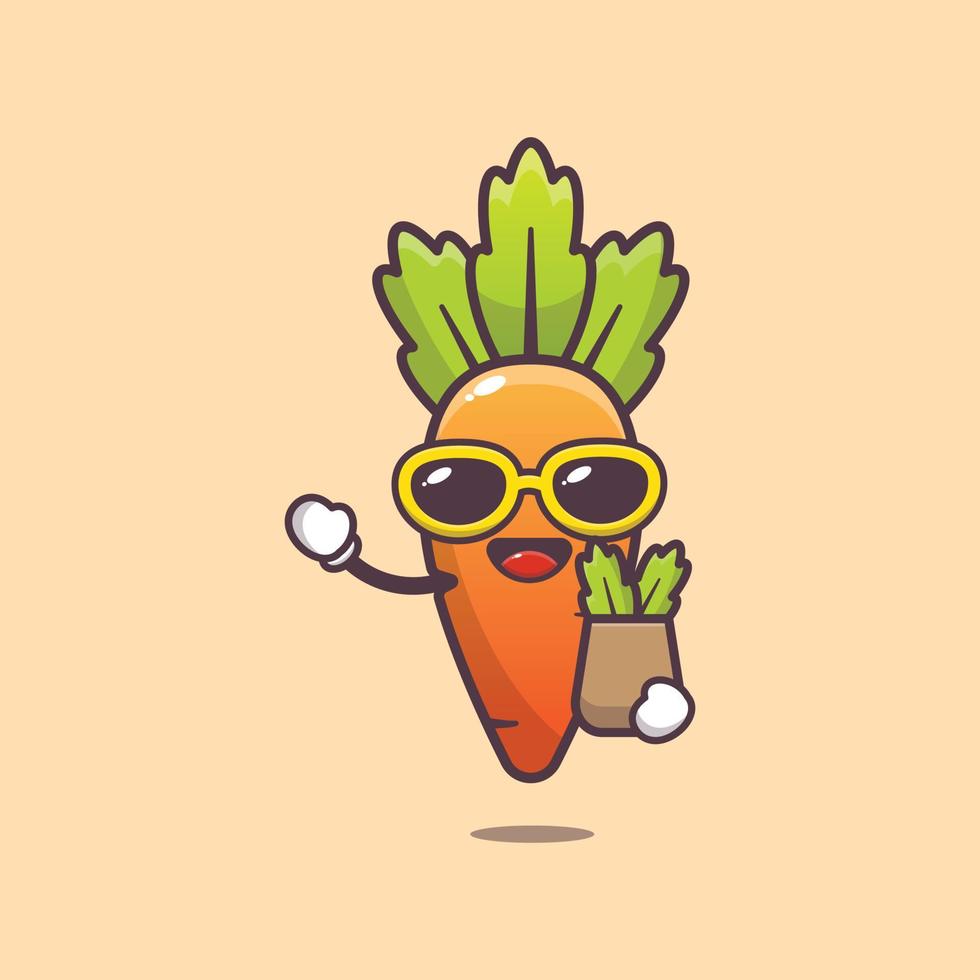 cute carrot cartoon character in sunglasses with shopping bag vector