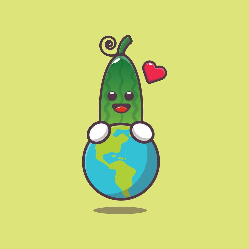 cute cucumber cartoon character hugging earth vector