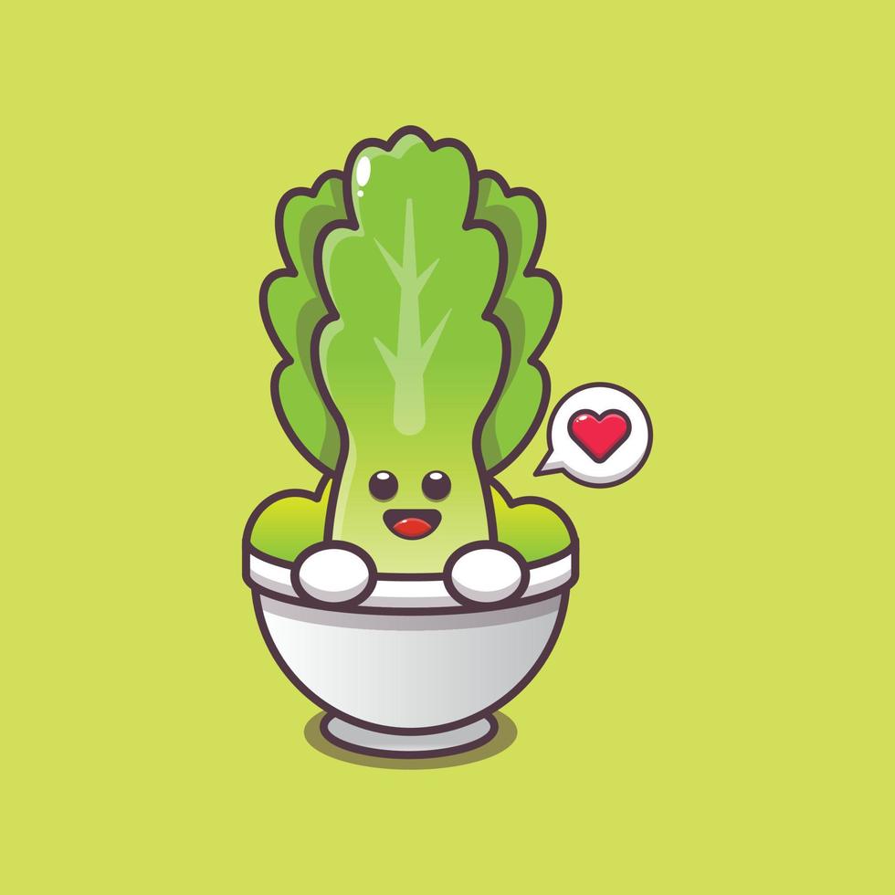 cute lettuce cartoon character in bowl vector