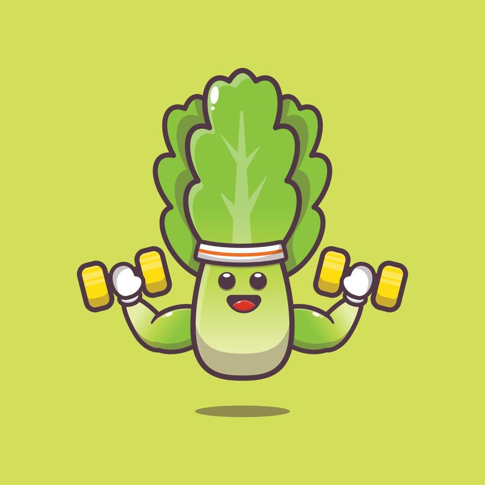 cute lettuce cartoon character lifting dumbbell vector
