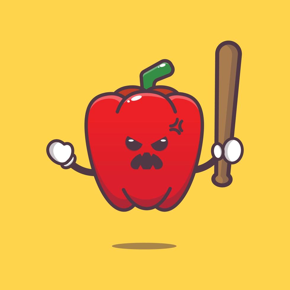 Lindo personaje de mascota de dibujos animados de pimentón rojo enojado con palo de béisbol vector