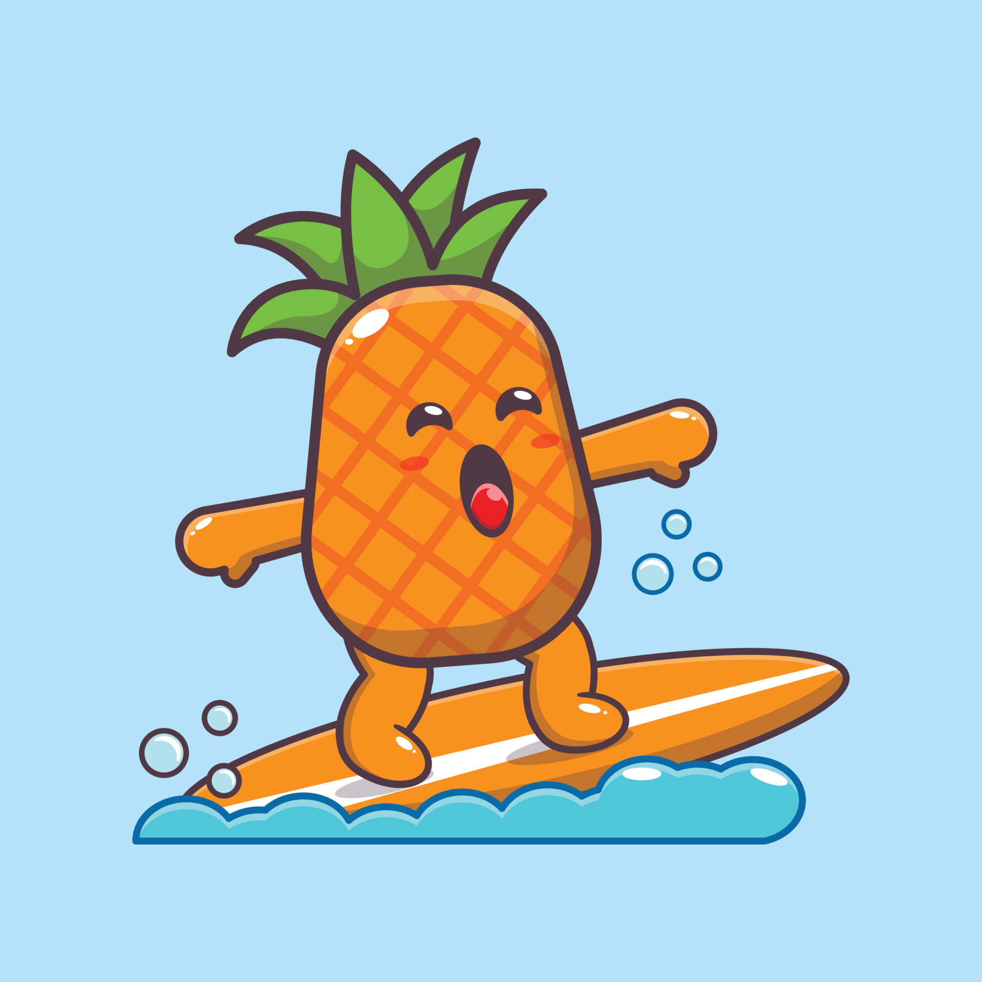 Cute pineapple cartoon mascot character surfing on beach 6411177 Vector