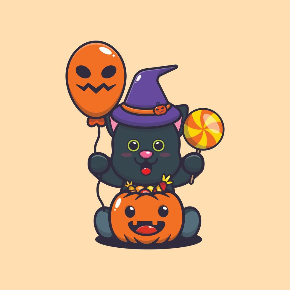 Cute cat wearing witch hat holding halloween balloon and candy vector