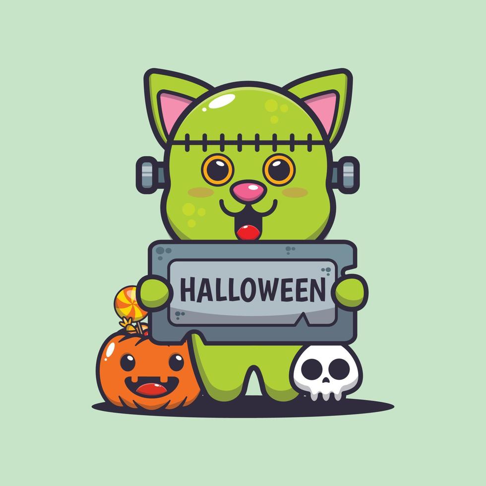 Cute cat with frankenstein costume holding halloween greeting stone vector