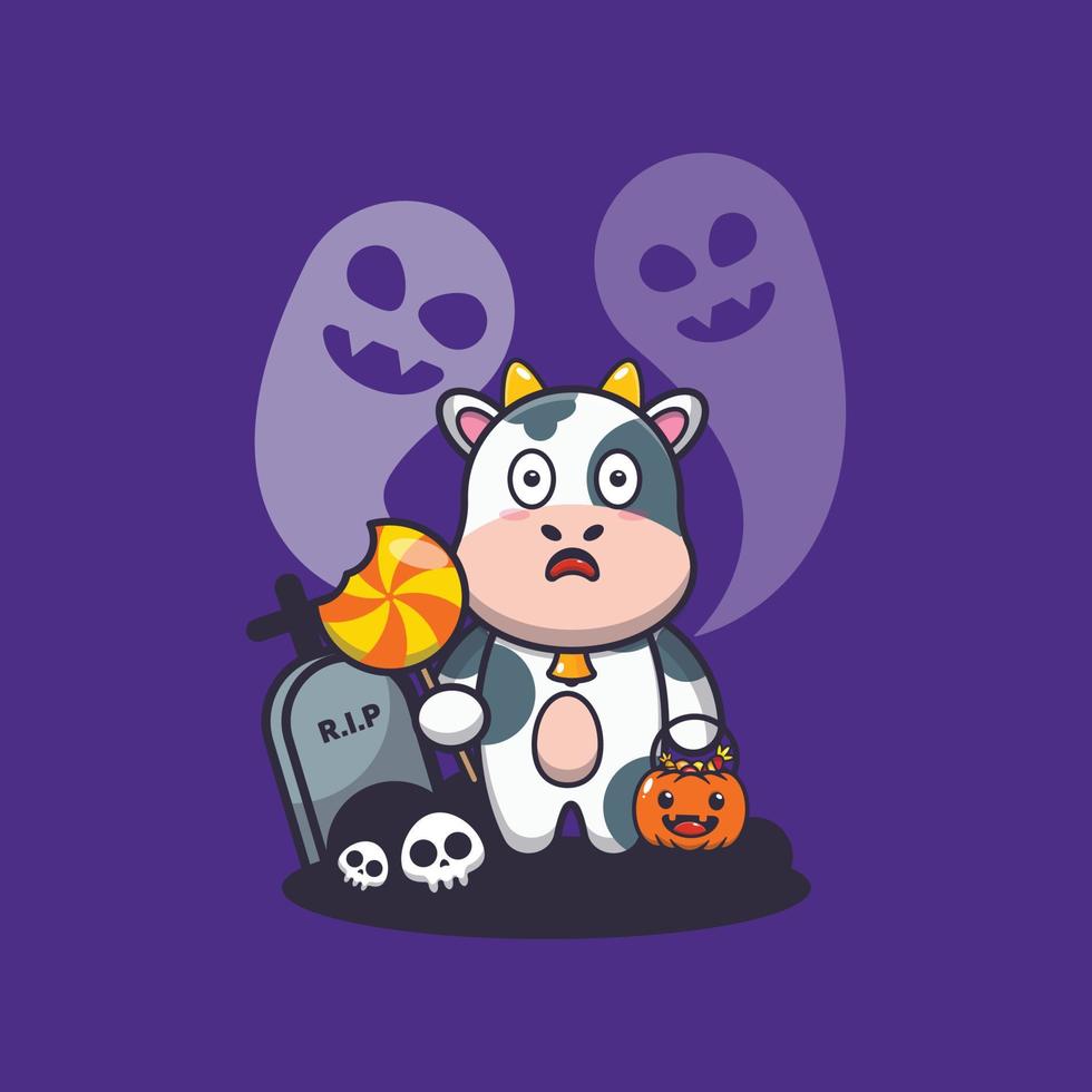 Cute cow scared by ghost in halloween day vector