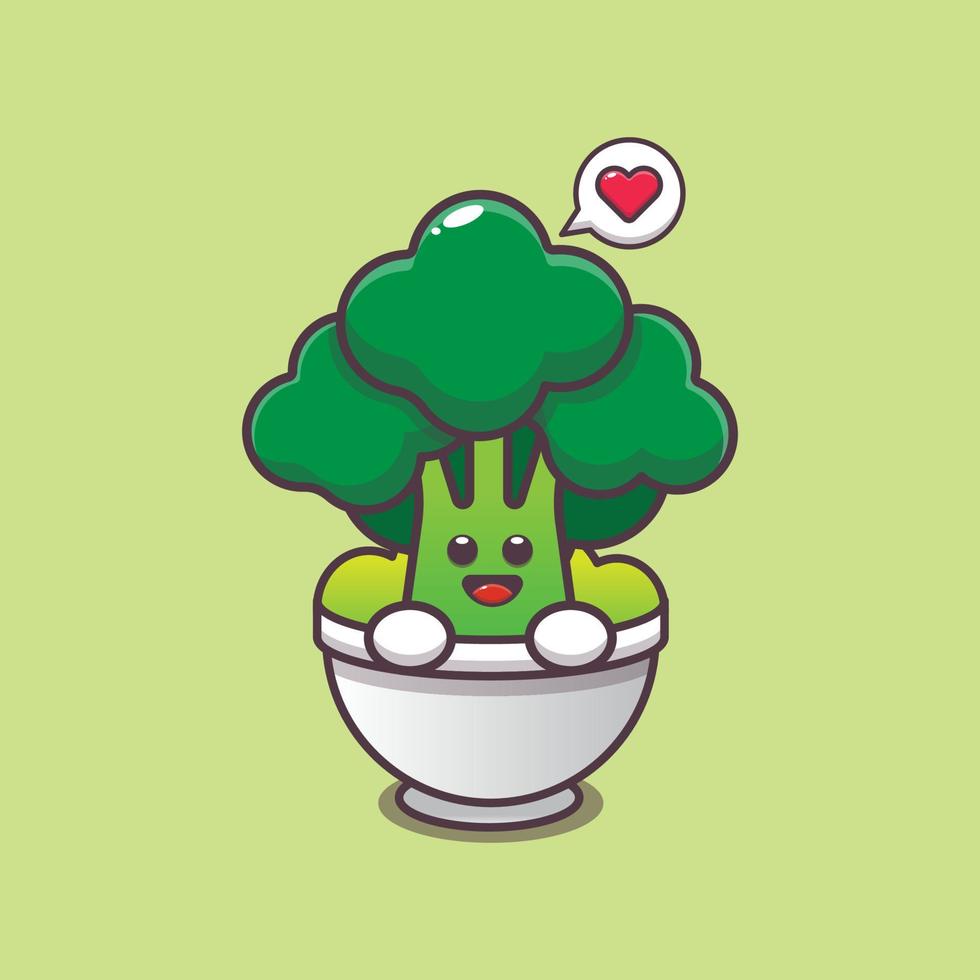 cute broccoli cartoon character in bowl vector