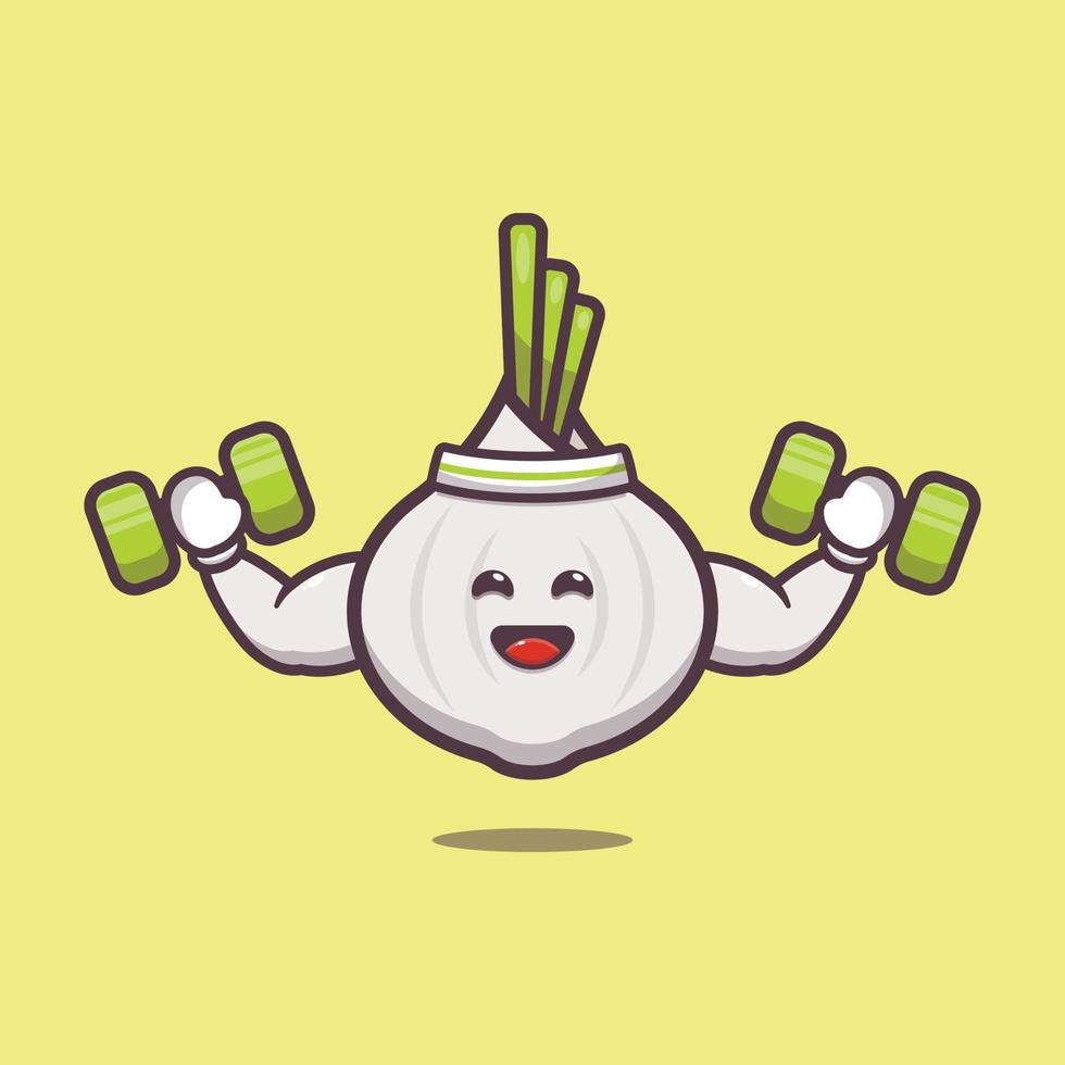 cute garlic cartoon character lifting dumbbell vector