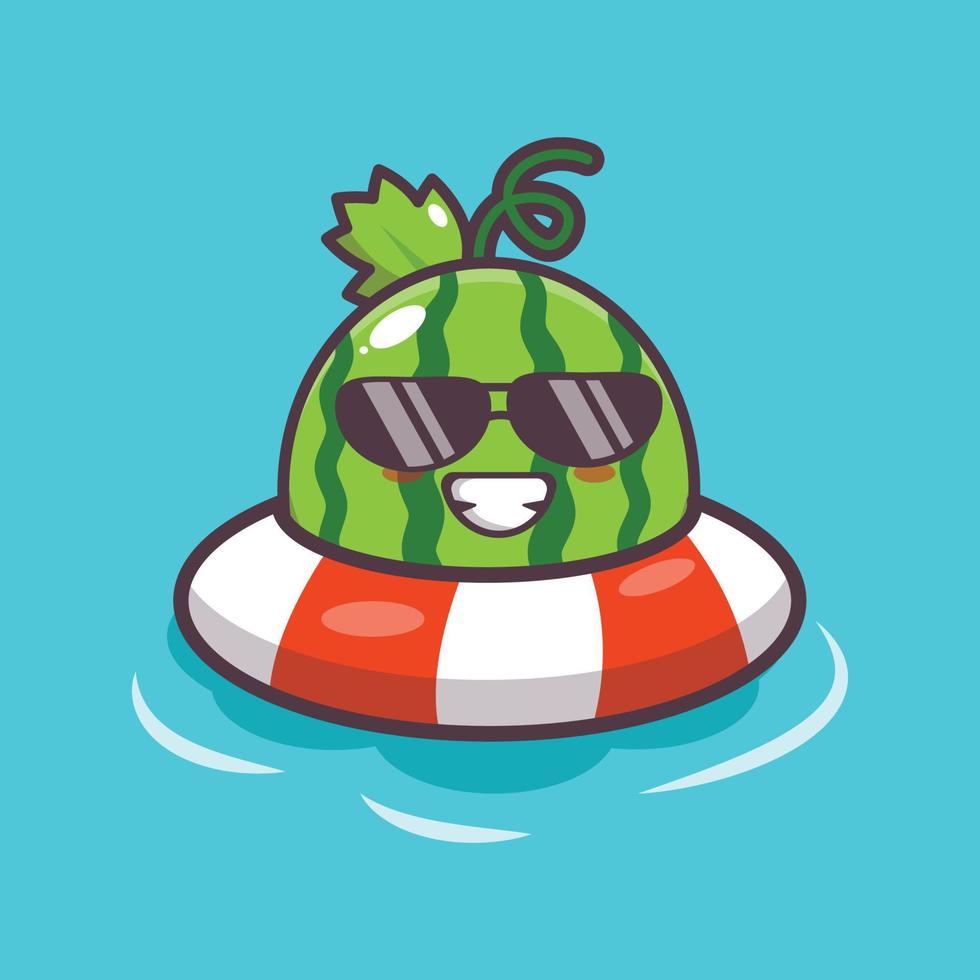 Cute watermelon cartoon mascot character in sunglasses on pool float vector