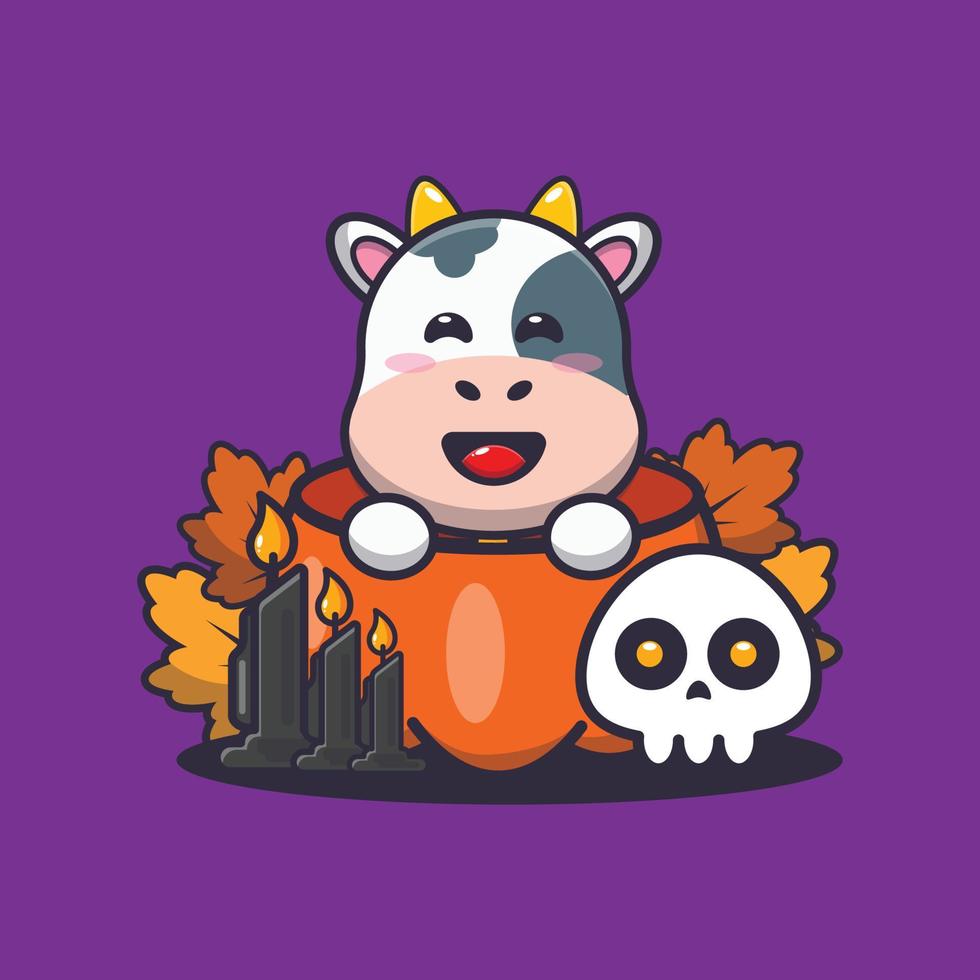 Cute cow in halloween pumpkin vector