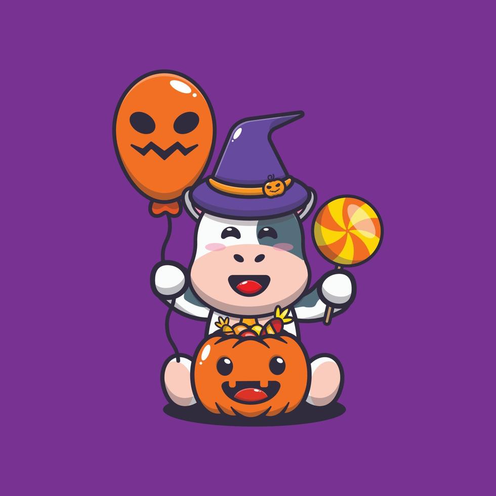 Cute cow wearing witch hat holding halloween balloon and candy vector