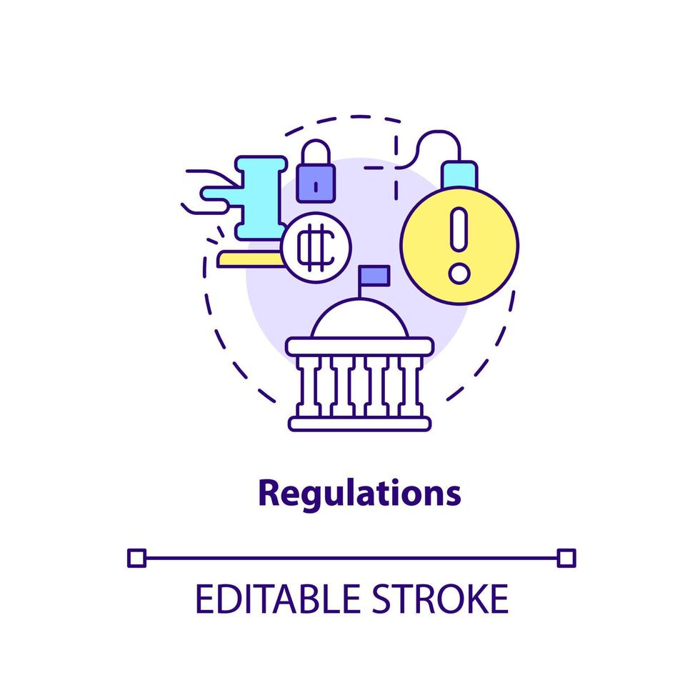 icono del concepto de regulaciones. cripto-moneda punto débil idea abstracta ilustración de línea delgada. legislación estatal. dibujo de contorno aislado. trazo editable. arial, innumerables fuentes pro-bold utilizadas vector