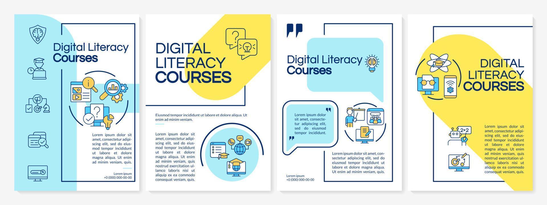 Digital literacy courses blue and yellow brochure template. Computer skills. Leaflet design with linear icons. 4 vector layouts for presentation, annual reports. Questrial, Lato-Regular fonts used