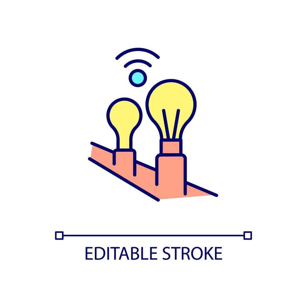 Smart light bulbs RGB color icon. Lighting automation and remote control. Internet connection. Isolated vector illustration. Simple filled line drawing. Editable stroke. Arial font used