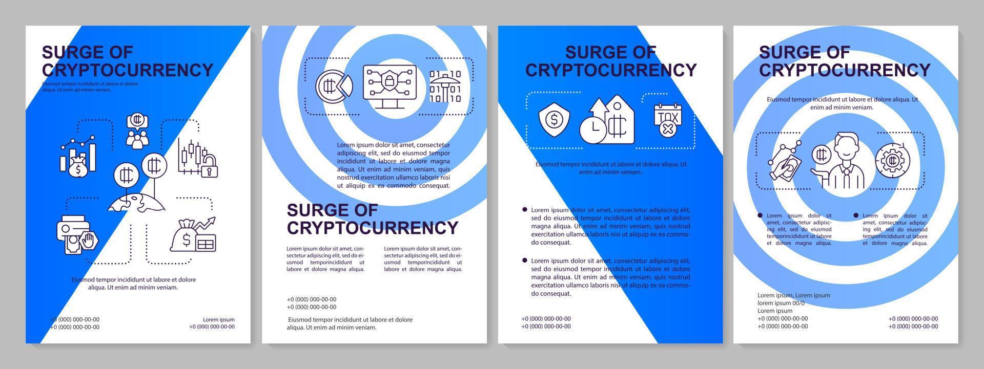 Cryptocurrency boom blue brochure template. Popular virtual currency. Leaflet design with linear icons. 4 vector layouts for presentation, annual reports. Arial, Myriad Pro-Regular fonts used