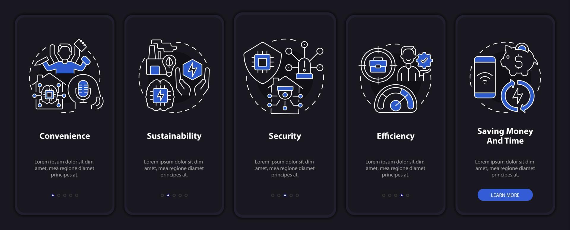 Smart technologies benefits night mode onboarding mobile app screen. Walkthrough 5 steps graphic instructions pages with linear concepts. UI, UX, GUI template. Myriad Pro-Bold, Regular fonts used vector